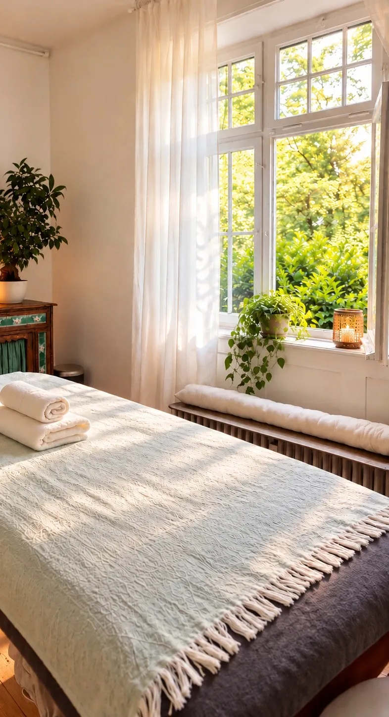 Theresas Massageraum in der Hebammerei, Liege am offenen Fenster